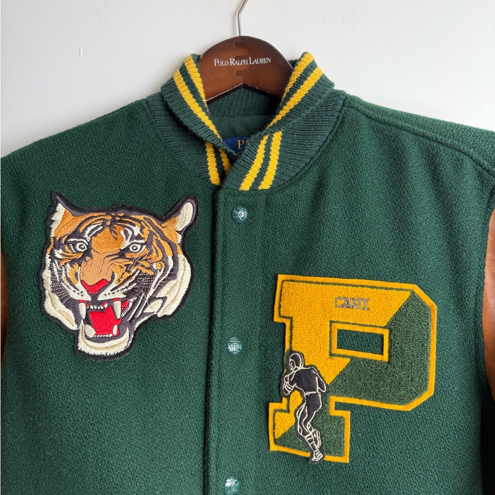 Polo Ralph Lauren “RL Tigers” Varsity Jacket – Green / Tan Leather – Size M - Picture 2 of 9